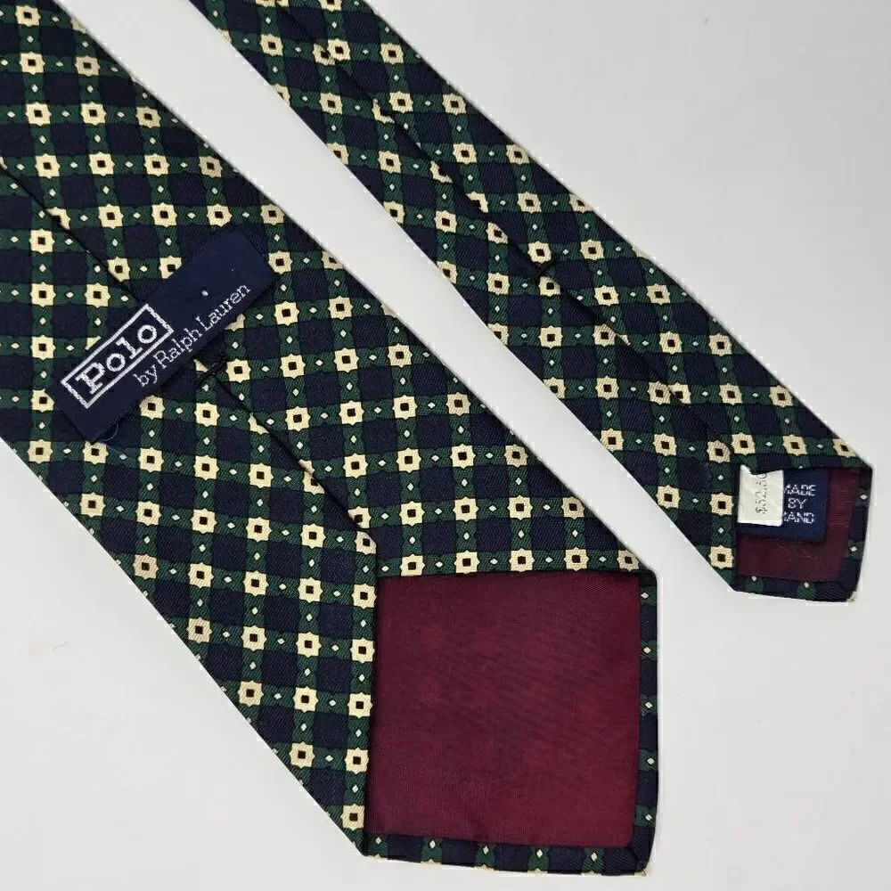 POLO RALPH LAUREN SILK TIE GREEN BLUE CREAM STARBURST PLAID SMOOTH 3.5